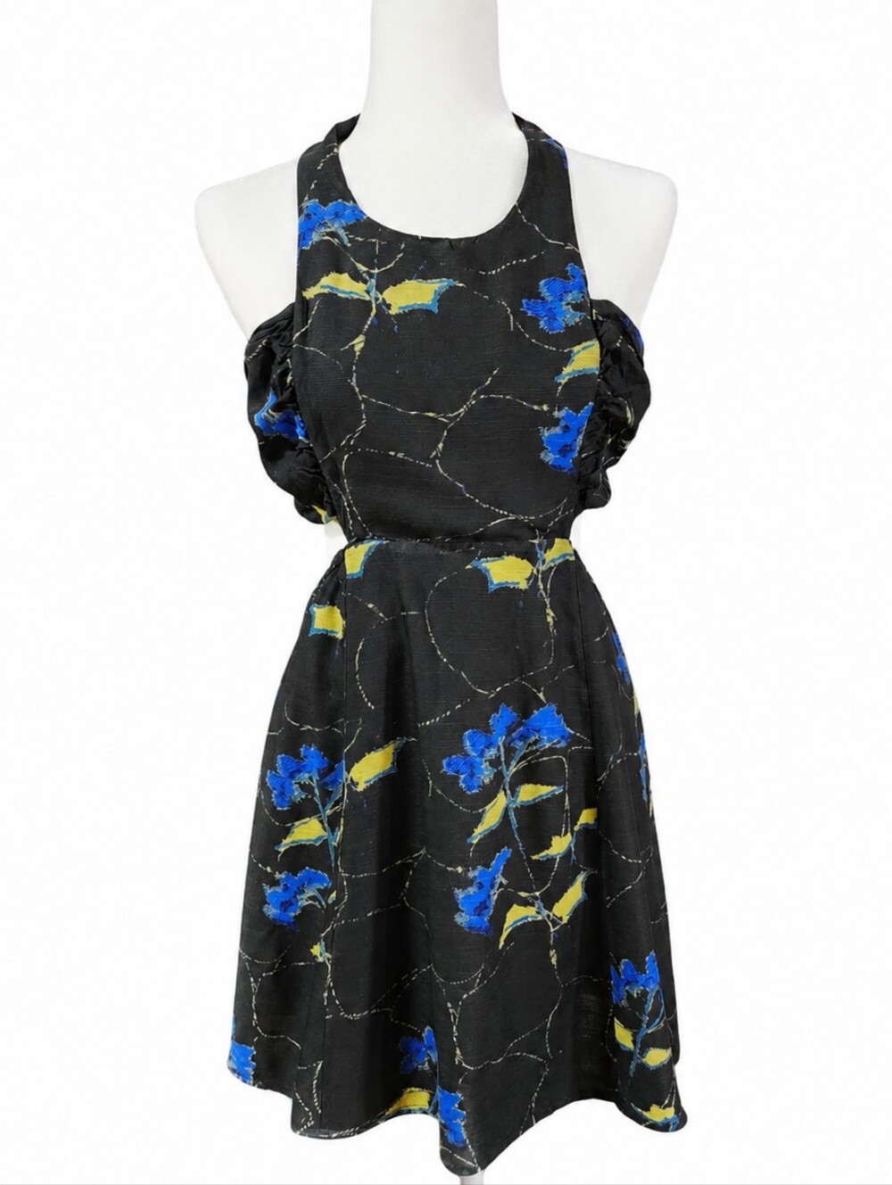 Free People XS Black Blue Floral Ruffle Open Back Halter Mini Dress